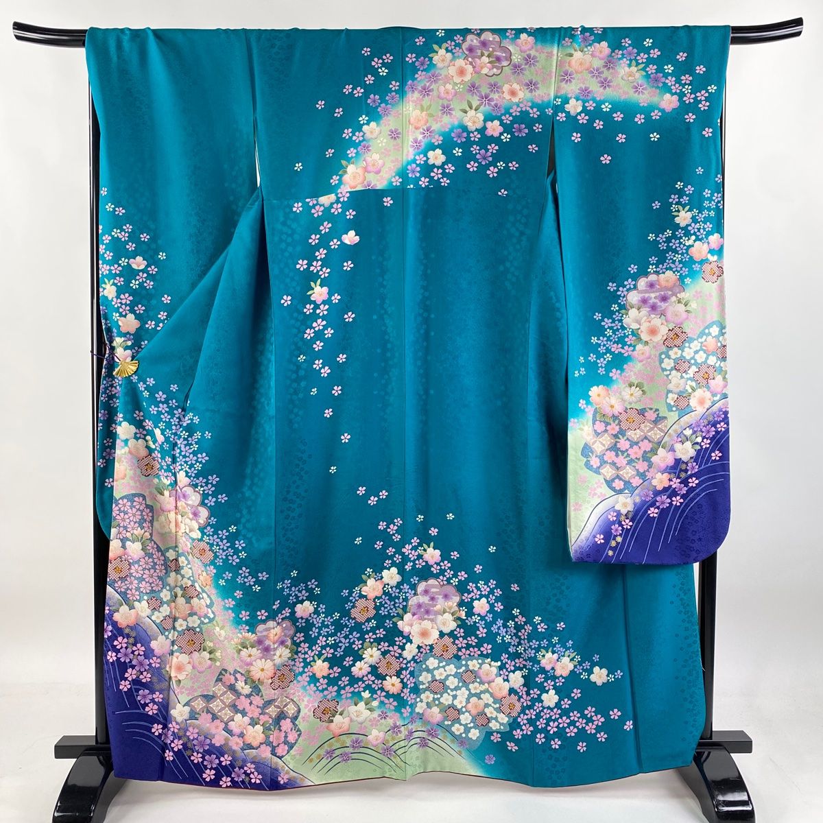 振袖 身丈163cm 裄丈69.5cm L 袷 桜 波 金糸 金彩 青緑 正絹 名品