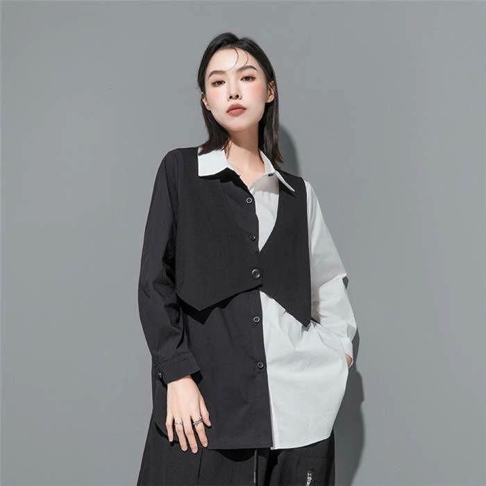 赤字覚悟!フェイクレイヤード シャツ レディース 配色 トップス ロングシャツ 春 秋 冬 デザイン 長袖 アシンメトリー 無地 個性的 ファッション ゆったり フェイクレイヤード シャツ レディース 配色 トップス ロング