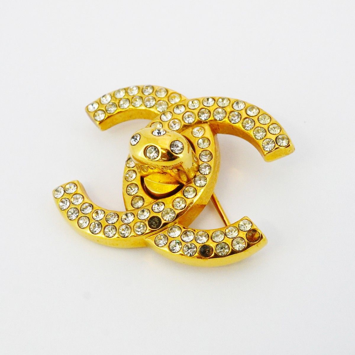 5jib0508 シャネル ブローチ ヴィンテージ ココマーク GPメッキ ラインストーン ゴールド レディース