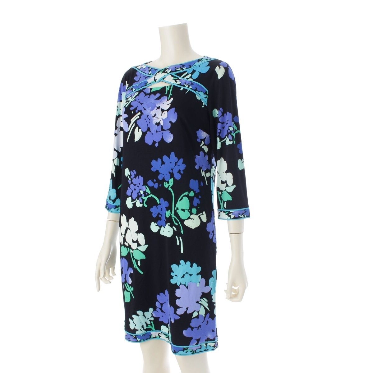 レオナール アセテート×ポリエステル カンカン フラワー 花柄 総柄 ワンピース ドレス 0150204 ブラック ブルー 36