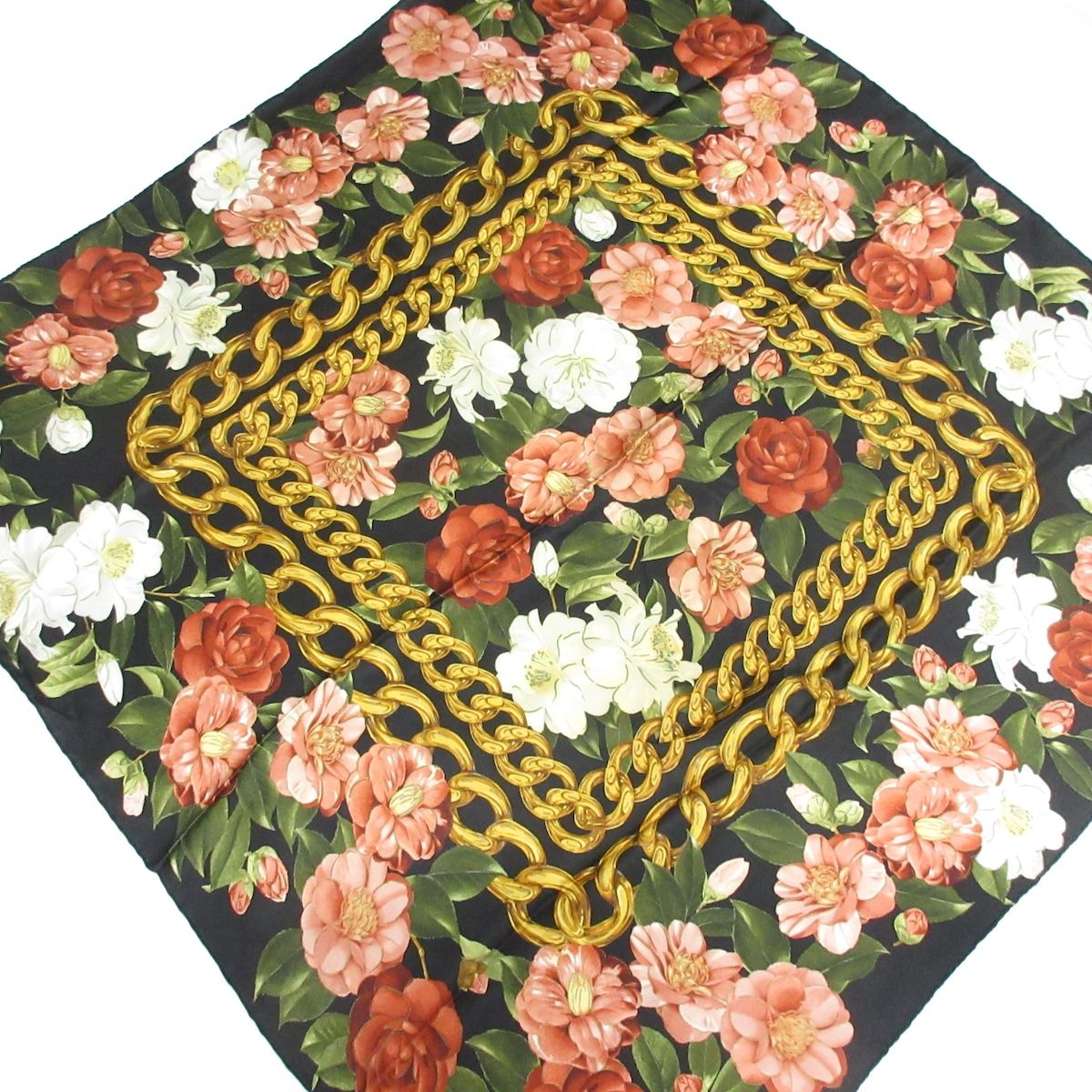 CHANEL(シャネル) スカーフ 黒×ピンク×マルチ 花柄