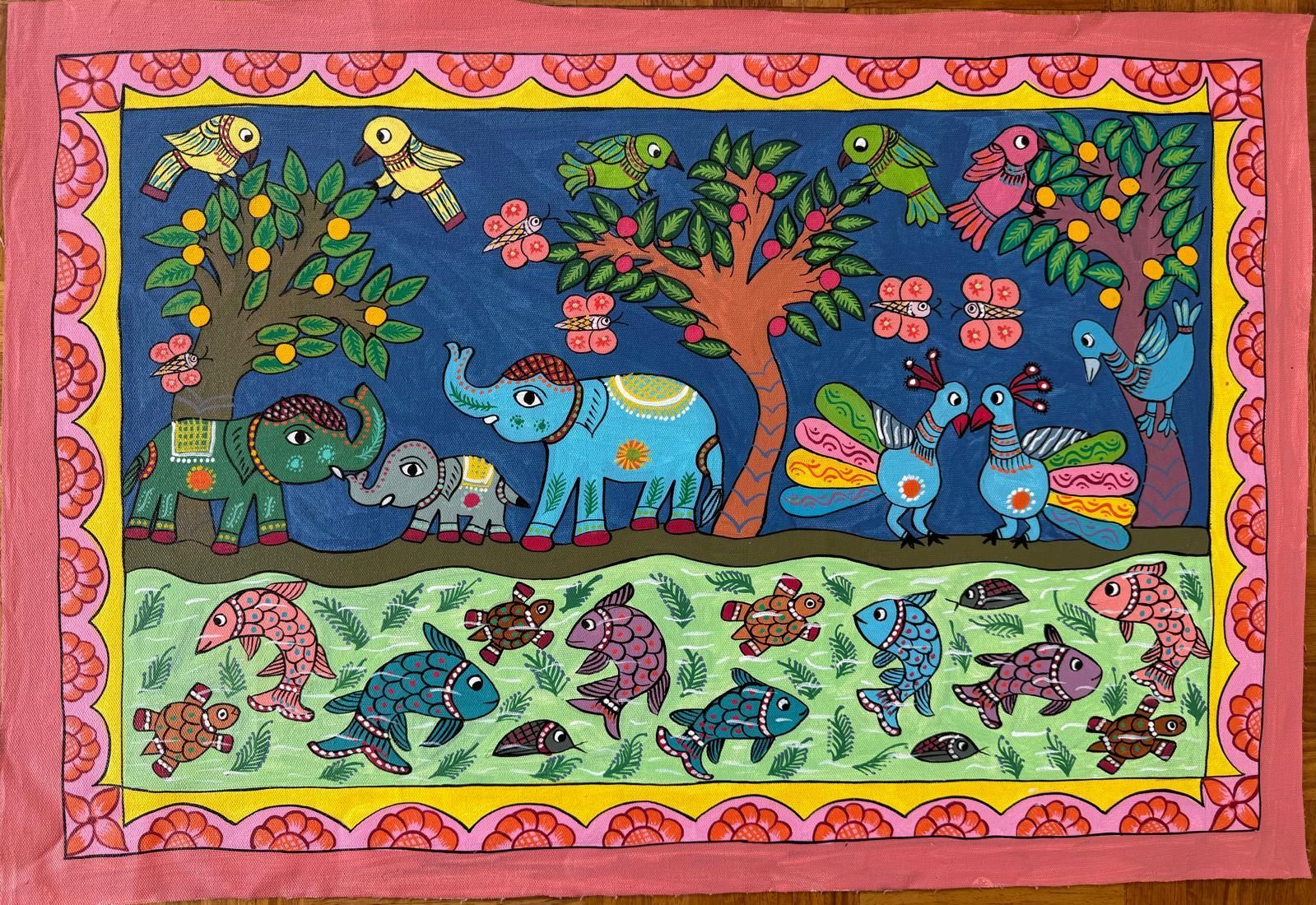 ミティラー マドゥバニ インド ネパール 象 花 鳥 魚 亀 ミティラー画