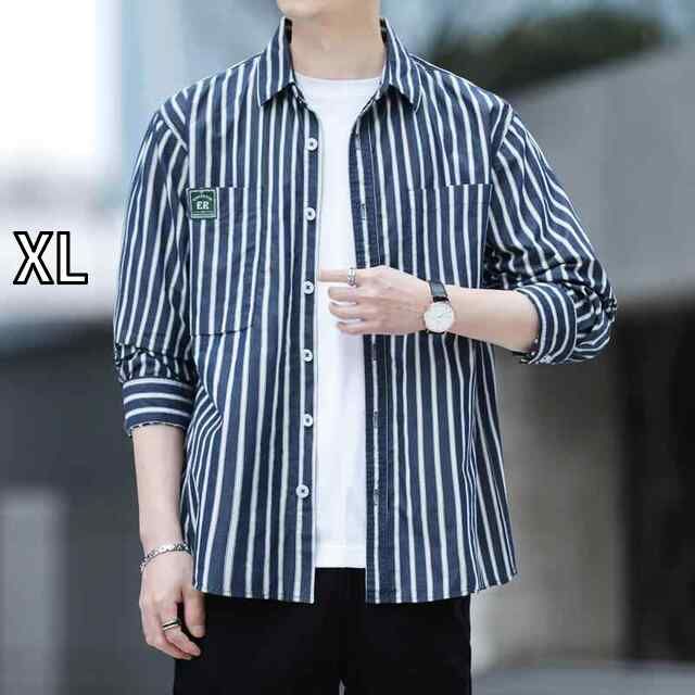 [XL]メンズ ファッション 服 男性用 オシャレ シンプル 大人 かっこいい ストリート 春 コットン ストライプ 長袖 シャツ カジュアル シャツ トップス ジャケット 服 