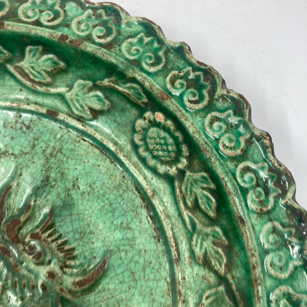 源内焼　麒麟の図緑釉皿　江戸中期　額付　東Y5-0828☆2Fタウル 源内焼 麒麟の図緑釉皿 江戸中期 額付 東Y5-0828☆2Fタウル