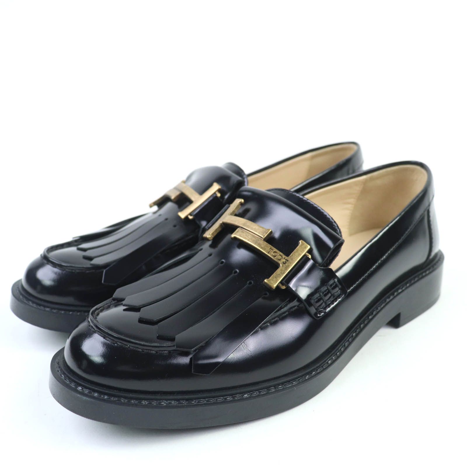 美品 トッズ 34.5 ダブルT ビット ローファー レザー ブラック Woman ブラック T タイムレス レザー ローファー