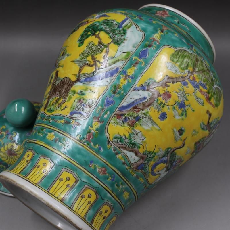 緑地パステル人物松鶴将軍缶 景徳鎮 陶磁器 装飾品 現代工芸品 美術品 置物 緑地パステル人物松鶴将軍缶 景徳鎮 陶磁器 装飾品 現代工芸品