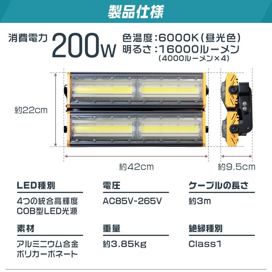 送料無料】LED投光器 200W 薄型 COBチップ搭載 LED 投光器 昼光色 led