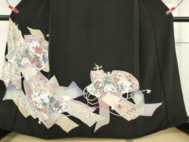 ■✨豪華お振り袖【黒地 扇面 花柄 金駒刺繍 銀彩 正絹】 成人式・結婚式 □✨豪華お振り袖【黒地 扇面 花柄 金駒刺繍 銀彩 正絹】 成人