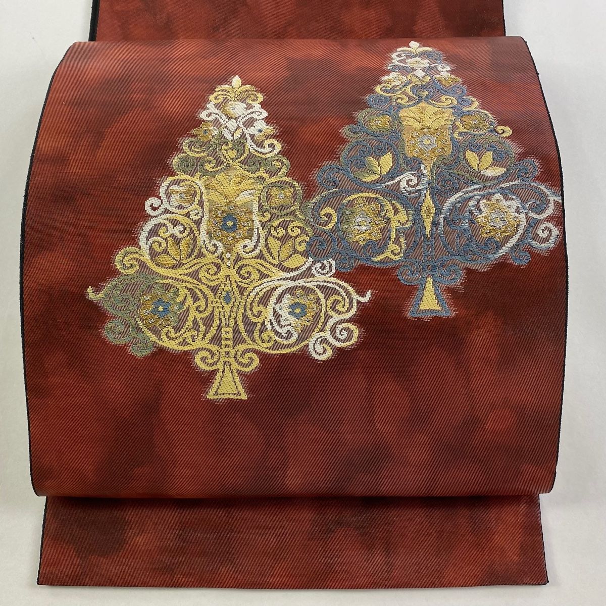 袋帯 秀品 服部織物 落款 フランス更紗 草花 金銀糸 箔 赤黒 お太鼓柄 正絹