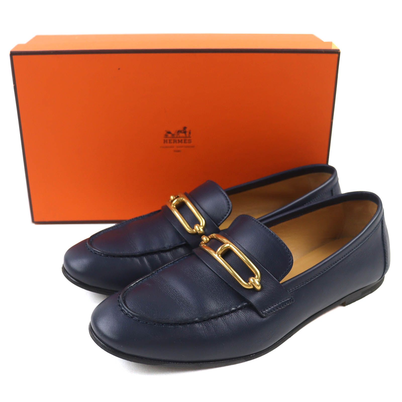 △HERMES エルメス 211041Z コレット ゴールド金具 ルリバックル レザー ローファー ブルーインディゴ 38 き イタリア製 レディース