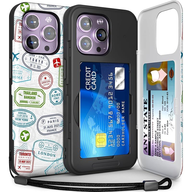 TORU CX SLIM iPhone14Pro ケース | 隠れた 手帳型 収納背面 3枚 カード | 2重構造 耐衝撃 IC カード ポケット パススリム ケース (ストラップ， ミラー 含ま) - トラベルスタンプパターン 1