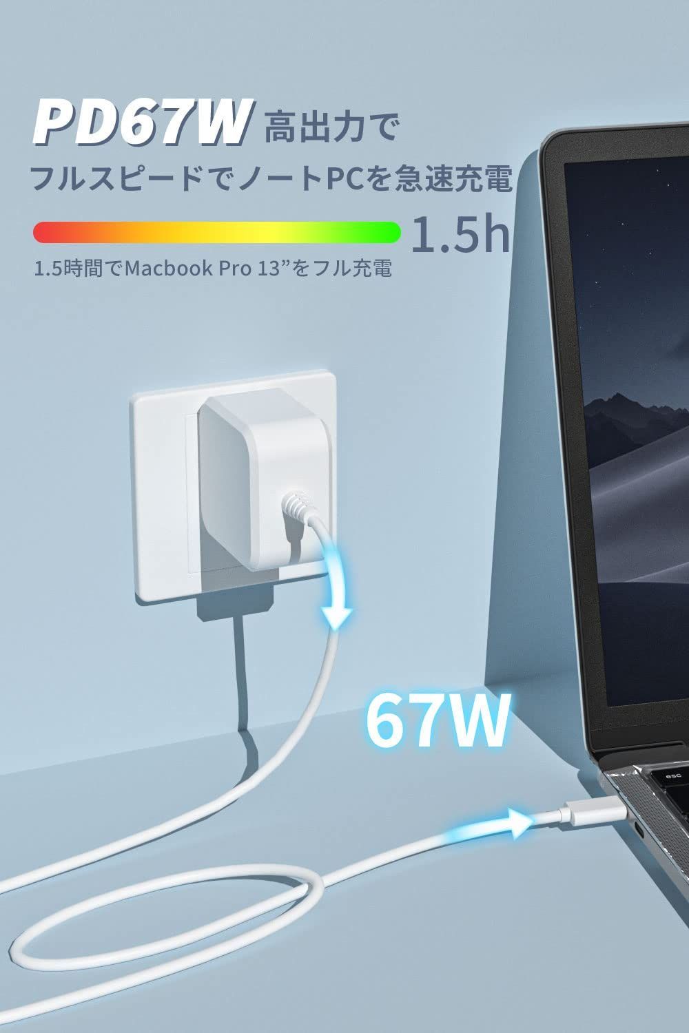 【人気】Mac 持ち運び 軽量 電源アダプタ 67w/65w/45w急速＆折畳式プラグ＆PSE】Mac Book (GaN+(窒化ガリウム)＆PD 1.8mケーブル一体型 急速充電 ACアダプター Mac/Lenovo/レノボ Pro対応/ノートPC/Swit