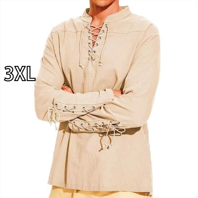 [3XL]メンズ ファッション オシャレ アイテム 撮影 小物 コスプレ ステージ 衣装  レトロ 中世 バイキング 海賊 シャツ Tシャツ 長袖 シャツ コスプレ ボトム レースアップ スチーム パンク 