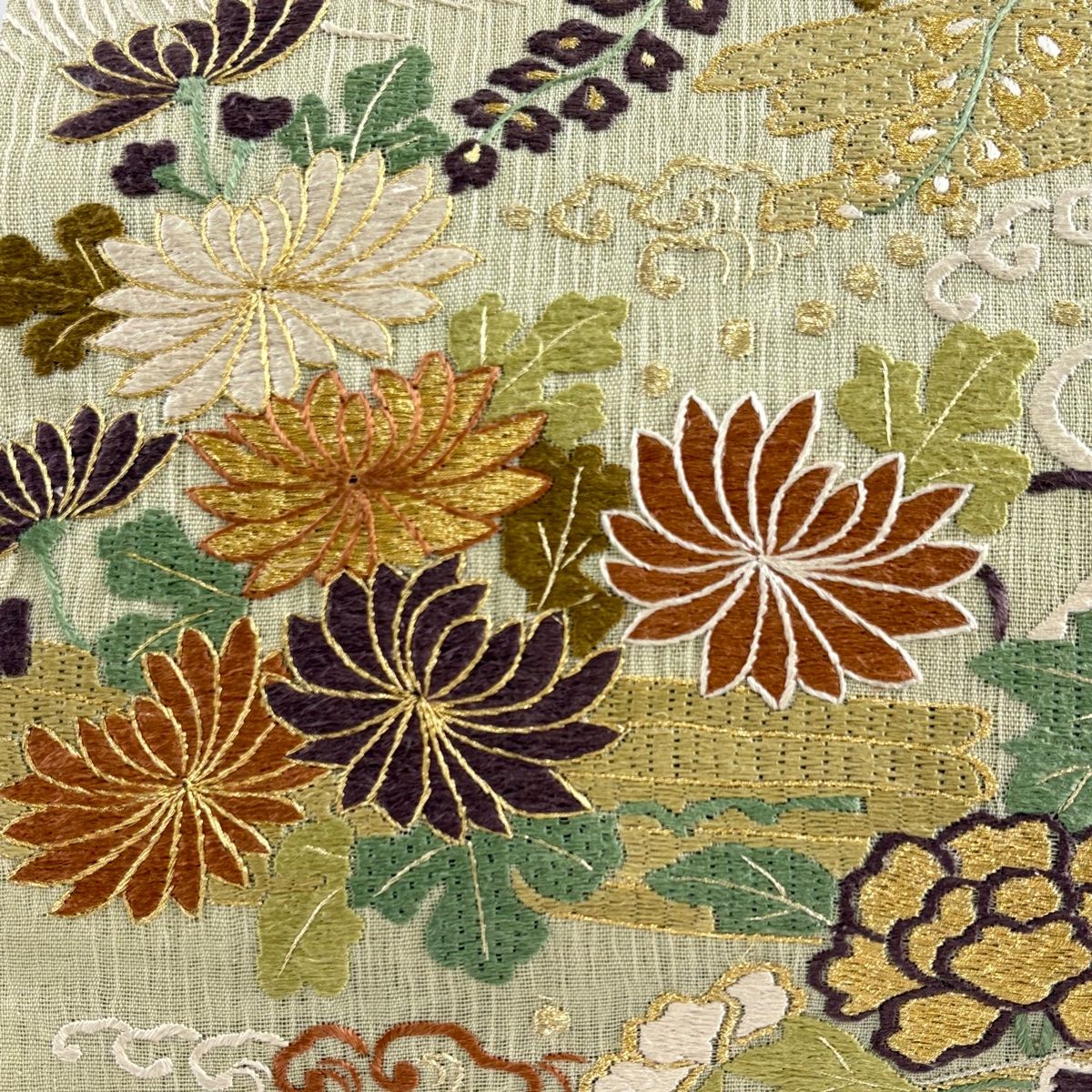 袋帯 夏帯 花筏 波 金糸 刺繍 薄緑 六通 正絹