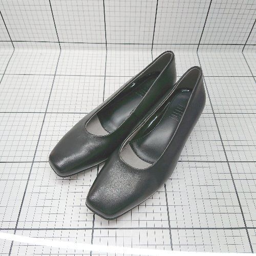 ✨️美品✨ フィットフィット スクエアトゥ パンプス【23.5】黒 リボン プレーンレザーポインテッドローヒール （ブラック） -fitfit