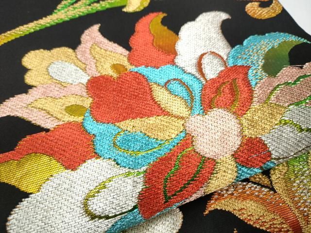 平和屋着物○六通柄 本袋帯 牡丹唐花 黒地 金銀糸 正絹 逸品