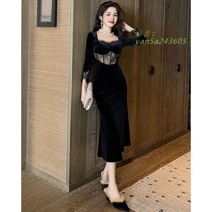 ウエストレース刺繍 ベロア仕立て 長袖ロングタイトドレスワンピース 黒 yan5a243605