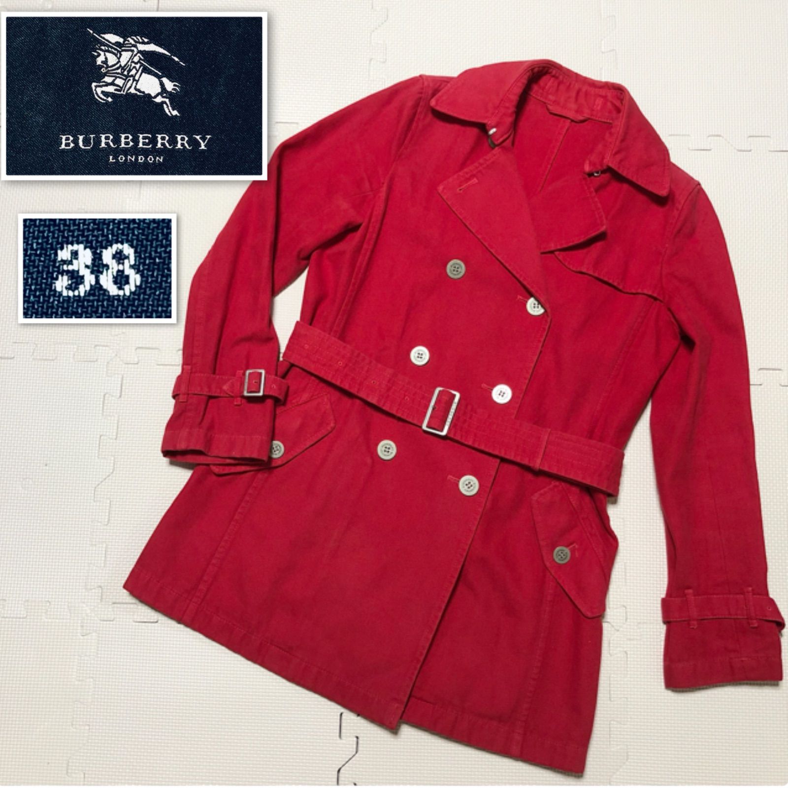 □美品□BURBERRY LONDON バーバリーロンドン ダブルトレンチコート ベルト付き コットン size38(サイズM) 三陽商会 スプリング コート 春秋 レッド ロゴ金属ボタン タグあり レディース - メルカリ