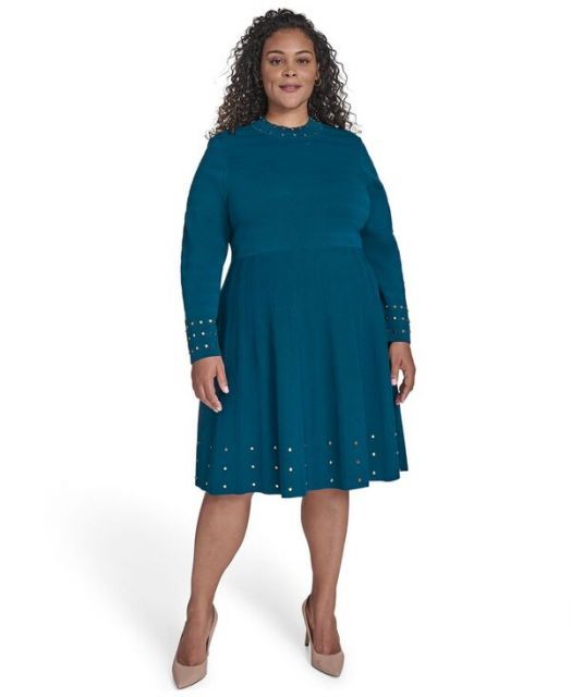 送料無料 ヴィンスカムート レディース ワンピース トップス Plus Size Studded Mock-Neck Dress Peacock