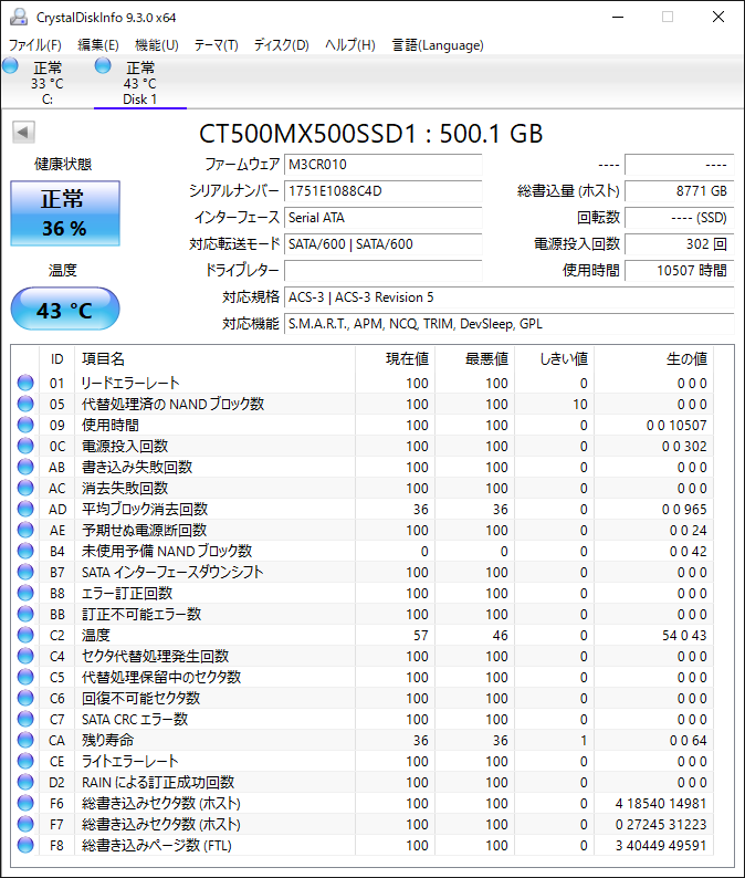 crucial MX500 2.5 SSD 500GB / 36% / クルーシャル CT500MX500SSD1【634】