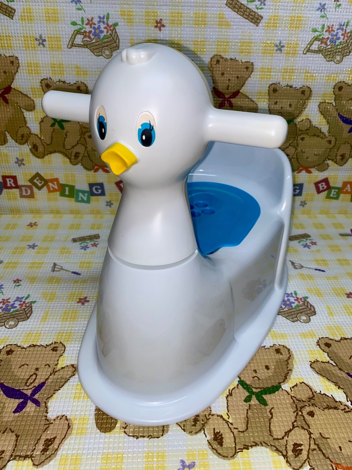 た*ぽ様 昭和レトロ 　未使用品 　　　　　　アヒル型おまる　Combi製品 未使用品】三洋化成 ピーコちゃん おまる 補助便座 ブルー 昭和