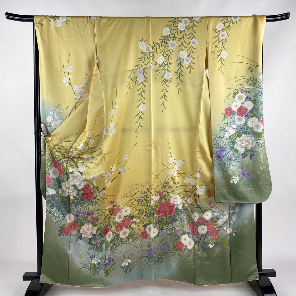 振袖 身丈161cm 裄丈69cm L 袷 牡丹 桜 金糸 金彩 黄色 正絹 秀品