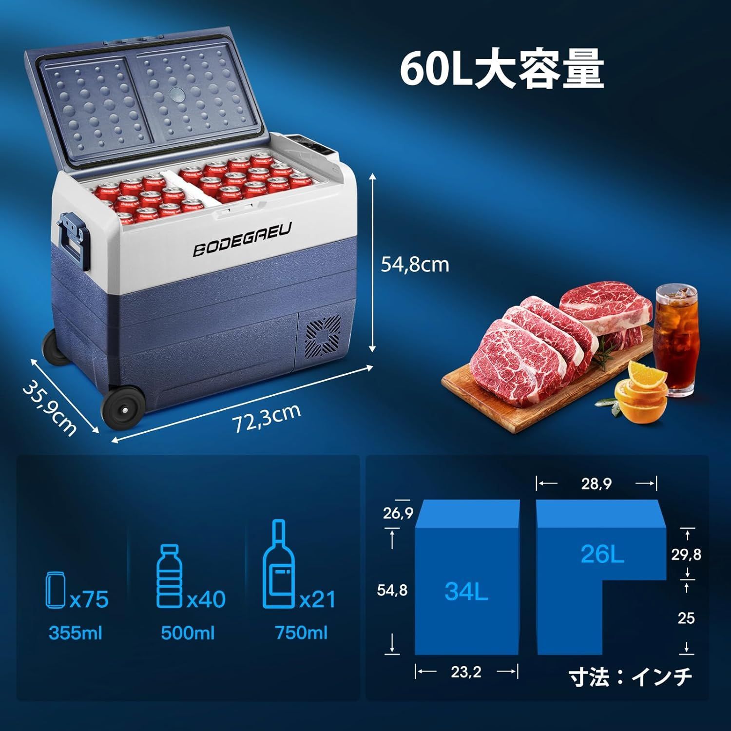 60L車載冷蔵庫 -20℃~20℃ 急速冷凍 ポータブル冷蔵庫 DC12V/24V AC100-240V デュアル温度＆デュアルコントロール  冷蔵冷凍庫 静音 WiFiアプリ接続 大容量 省エネ 車載家庭両用 車中泊 キャンプ 台風 災害 緊急時適用 - メルカリ