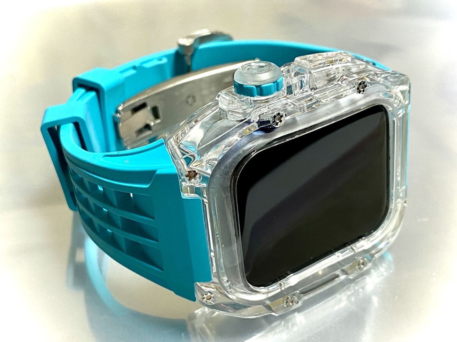 ターコイズブルー アップルウォッチバンド ラバーベルト カバー Apple Watch ウルトラ ultraクリア ケース 49㎜