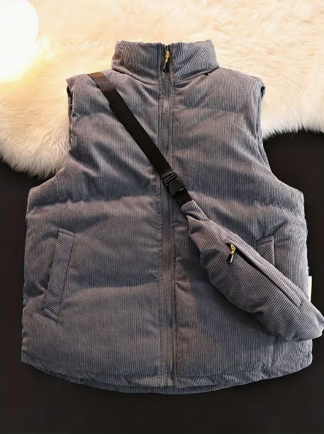 ベスト ダウンベスト ポケット付き 40代 メンズ 大きいサイズ ソリッドストライプ コーデュロイ ノースリーブジャケット アウトドア アクティビティ用 小型クロスボディバッグ付き カジュアル ジップアップベスト おしゃれ クロスボディバッグ グレー