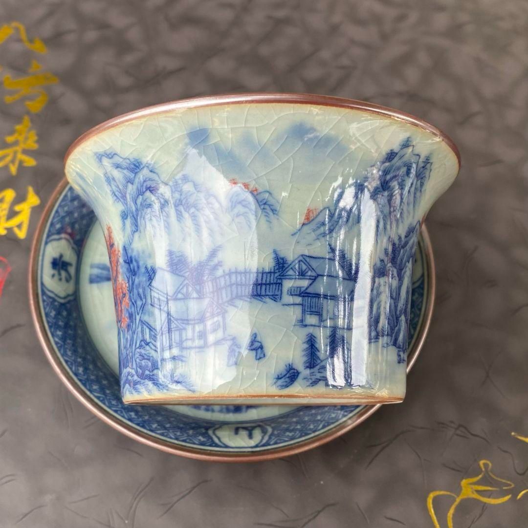 景徳鎮 青花山水馬蹄三才蓋碗 茶碗 煎茶器 中国茶器 新品未使用