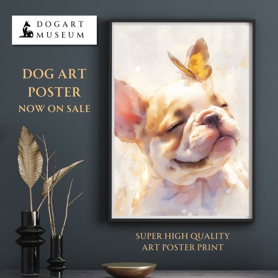 【蝶犬戯舞 - フレンチブルドッグ犬の子犬 No.3】春・蝶・子犬・アートポスター・犬の絵・犬の絵画・犬のイラスト