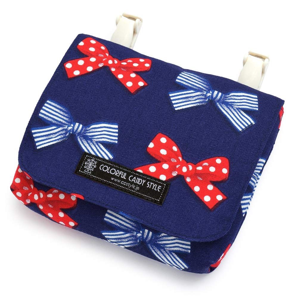 【人気商品】移動ポケット 女の子 クリップ STYLE 付けポケット ポケットポーチ CANDY 小学生 ラージ COLORFUL ポルカドットとストライプのフレンチリボン(ネイビー) N6008610