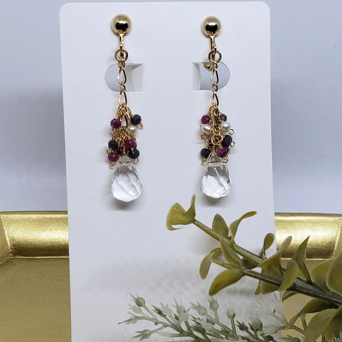 ルビーとサファイアの涙 天然石イヤリング/ピアス ☆ハンドメイド