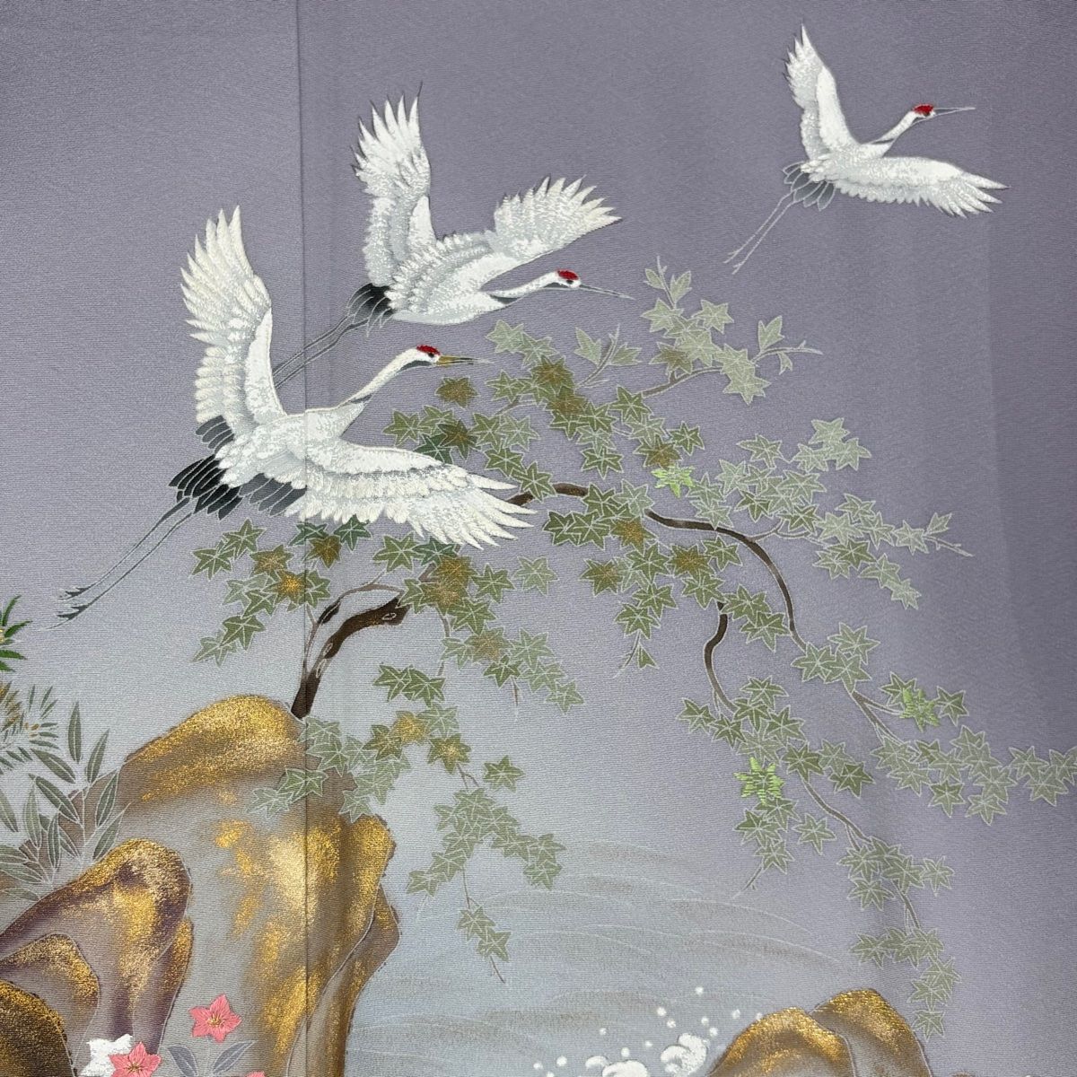 付下げ 身丈155cm 裄丈63cm S 袷 鶴 波 金彩 刺繍 青紫 正絹 秀