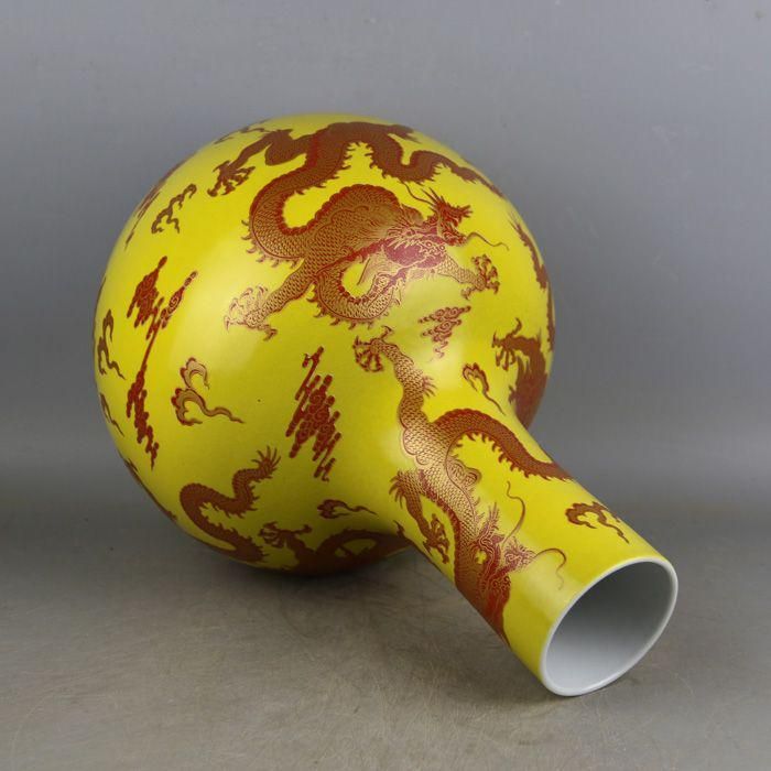中国美術 パステル蒔絵五龍紋天球瓶 景徳鎮 装飾品 現代工芸