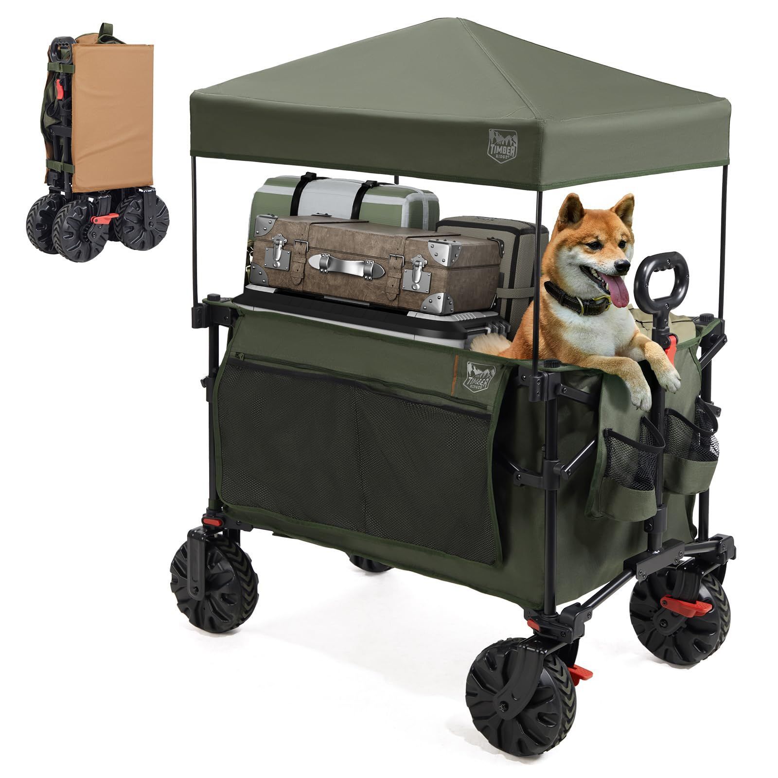 数量 グリーン コンパクト 収納ポケットつき ブレーキ付き 静音 自立収納 収束式 長物対応 ワイドタイヤ 大容量200L 耐荷重120kg 日除けシェード付き 洗浄簡単 ホイール 荷室取り外し 折り畳み アウトドアワゴン キャリーワゴン RID