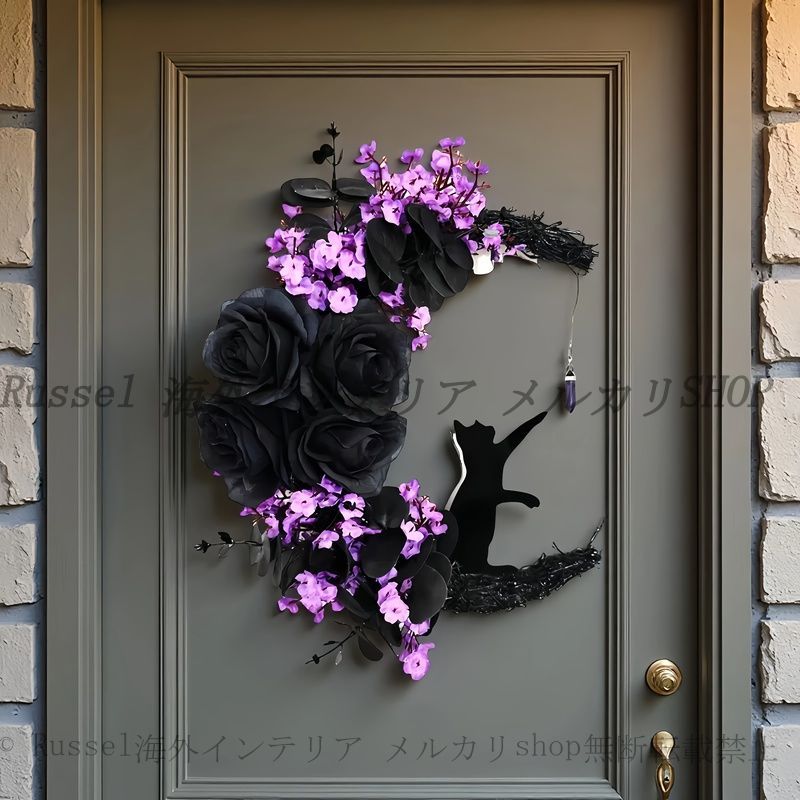 ハロウィンリース　フラワーリース　黒猫さん　ハンドメイド ハロウィンリース フラワーリース 黒猫さん ハンドメイド ハロウィン