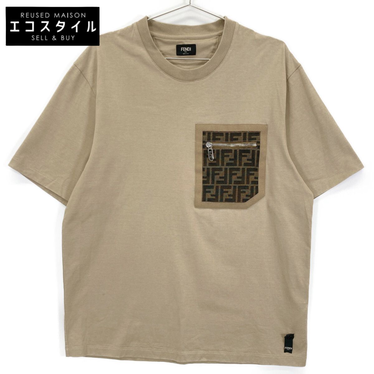 FENDI フェンディ 23年製 FY1257 APM4 ﾍﾞｰｼﾞｭ ｺｯﾄﾝ ｽﾞｯｶ柄ｼﾞｯﾌﾟﾎﾟｹｯﾄ ｼｮｰﾄｽﾘｰﾌﾞｶｯﾄｿｰ M