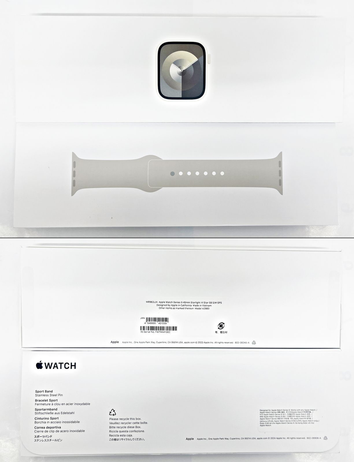 Apple Watch Series9 45mm スターライト アルミニウムケース スポーツバンド S/M MR963J/A A2980 GPS スマートウォッチ R2409-075