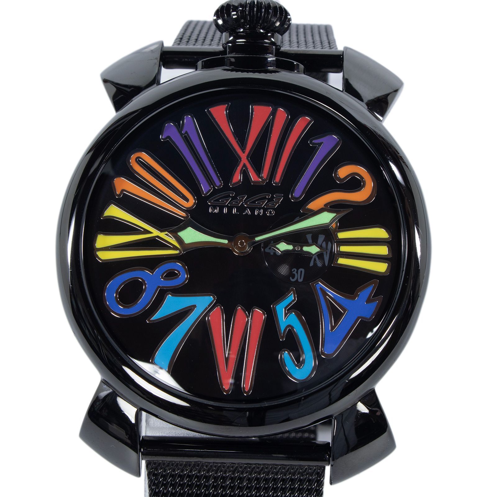 送料無料 ガガミラノ 腕時計 クォーツ メンズ マヌアーレ スリム46mm 5082.1 黒 ブラック 派手 目立つ カラフル Y2K ロゴ マーク アナログ スモールセコンド スモセコ メタルメッシュベルト ブランド 珍しい 人気 イタリア製 Q172