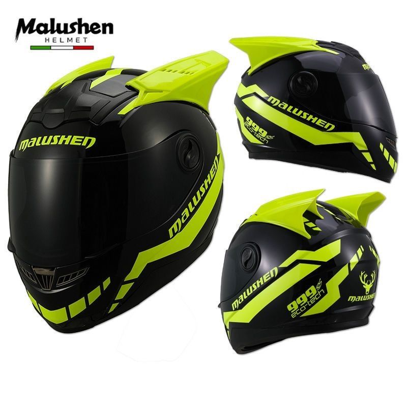 Malushen フルフェイスヘルメット 黒/黄/オレンジ Malushen フルフェイスヘルメット 個性ツノ付きモデル 男女兼用 原付