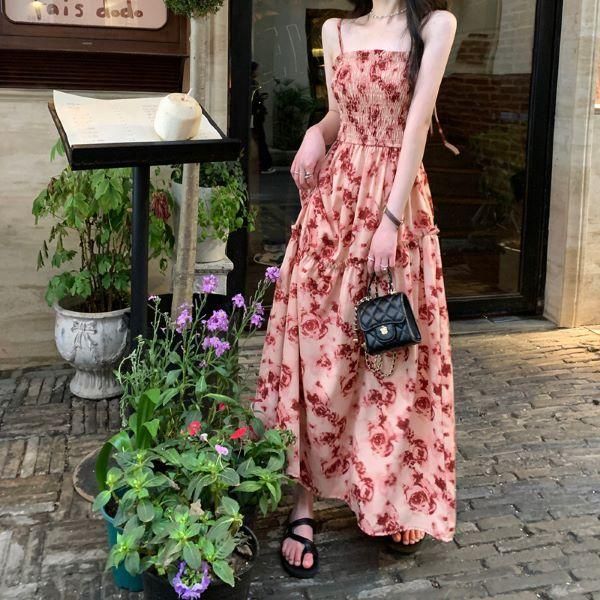 チューブトップ ベアトップ ストラップ付 花柄プリント マキシ