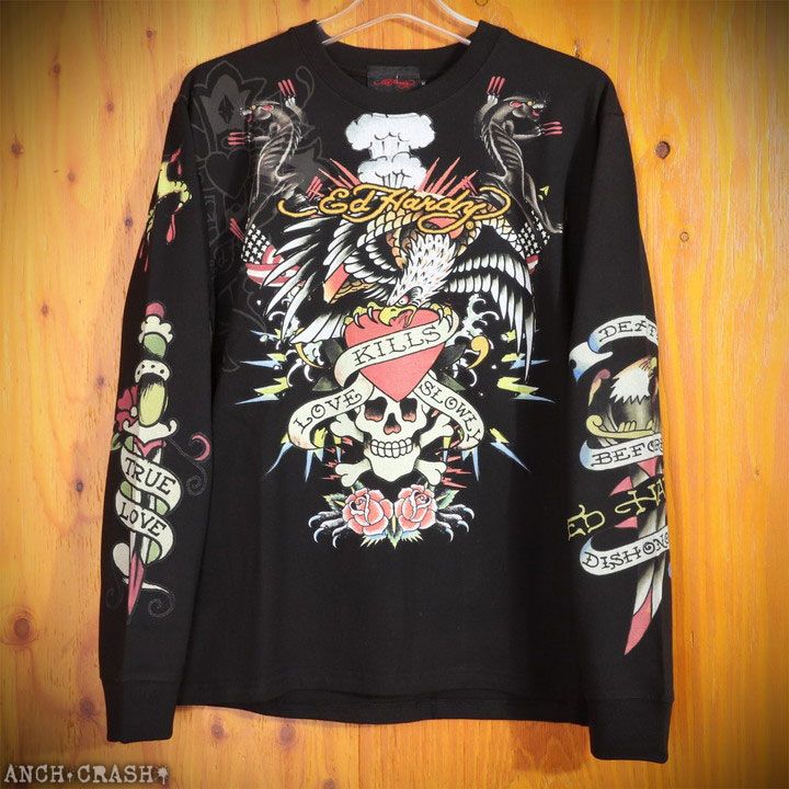 米国製 Ed Hardy エドハーディー ロンT 長袖Tシャツ ED HARDY エドハーディー　ロンT ブラック 長袖Tシャツ ビンテージ 黒 L made in USA