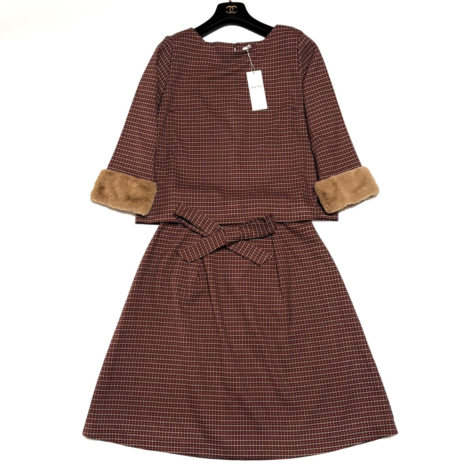 タグ付き オンワード樫山 any SIS チェック柄 カジュアル 上下セットアップ おしゃれ着 Lサイズ 赤 レッド
