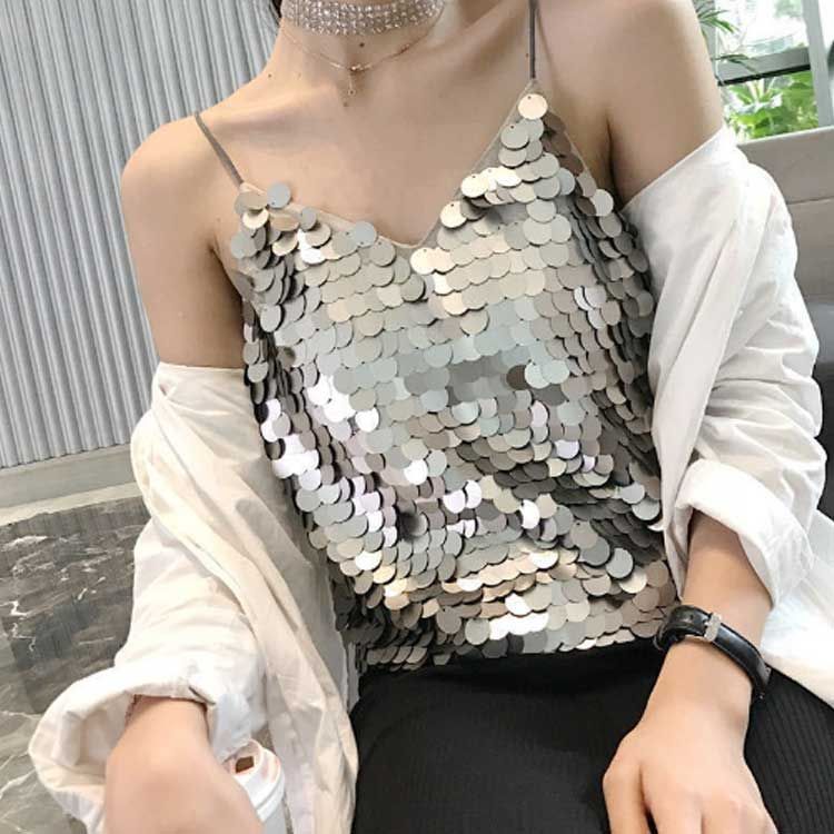 セクシー キラキラ Vネック スパンコール Tシャツ ステージ衣装