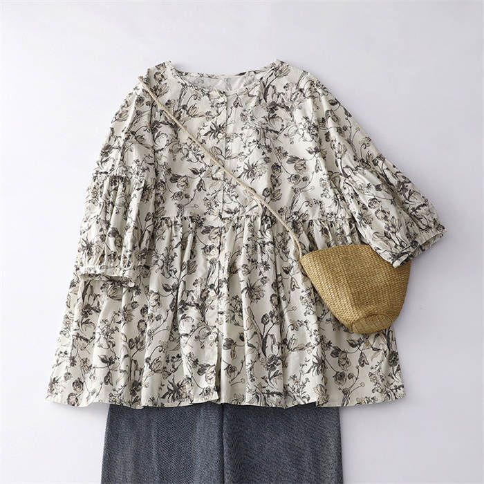 シャツ ブラウス レディース 春 夏トップス 花柄シャツ コットンリネン 長袖 綿麻風 可愛い ゆったり 着痩せ 春 ナチュラル 大人 通勤 お洒落 シャツ ブラウス レディース 春 夏トップス 花柄シャツ コットン