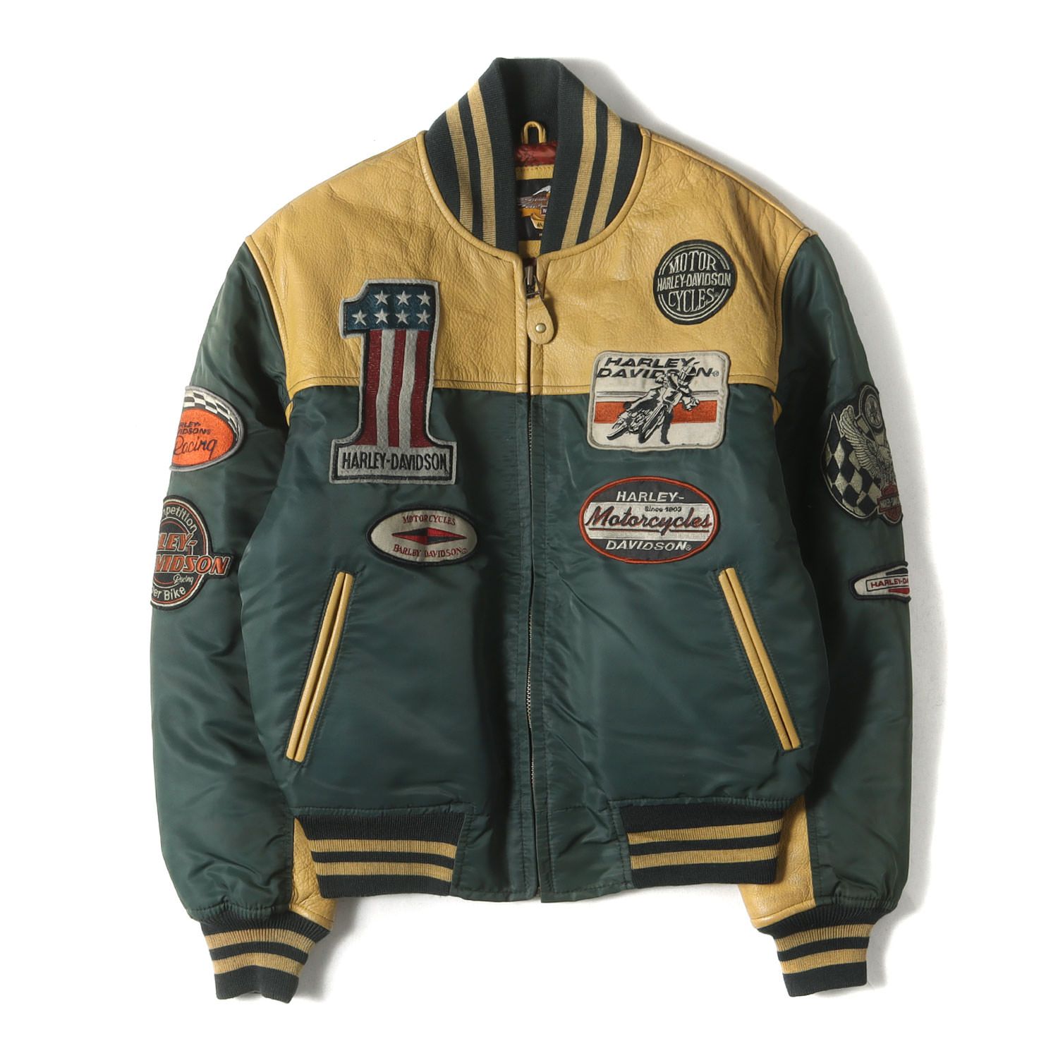 HARLEY-DAVIDSON ハーレーダビッドソン ジャケット サイズ:L 00s パッチ付き レザーコンビ ナイロン スタジャン グリーン アウター ブルゾン ジャンパー 上着【メンズ】