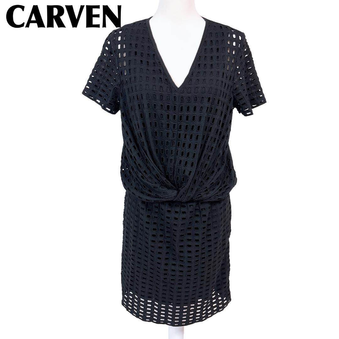 CARVEN 半袖ワンピース メッシュ ウエストゴム M 総柄 ブラック