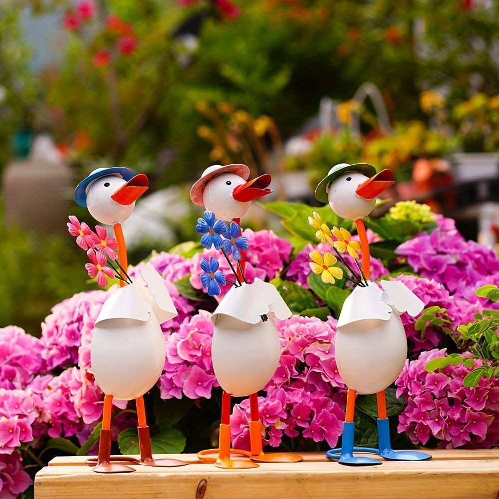 置物 オブジェ ガーデンオーナメント 花を持っているアヒル あひる 赤