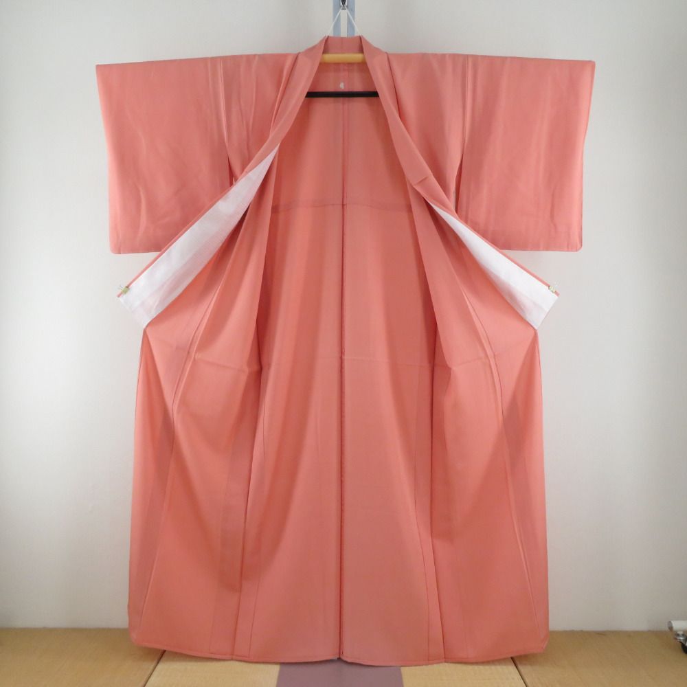 夏着物 色無地 絽 広衿 正絹 サーモンピンク 一つ紋 蔦紋 夏用 仕立て